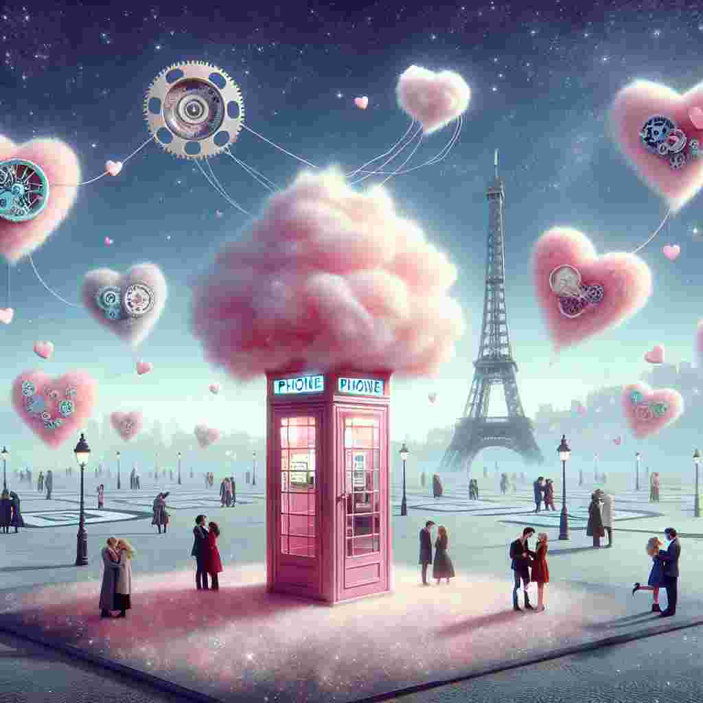 In this dream-like Valentine's scene, a fluffy candyfloss pink booth, reminiscent of a whimsical time-traveling machine, stands at the core of a square in Paris, encircled by floating islands bearing diverse lovers under a sky scattered with stars. The outline of the Eiffel Tower dominates in the distance, enveloped in a shimmering glimmer, while fanciful gear-driven hearts circle the phone booth, adding a touch of time-travel romance to the otherworldly atmosphere.
Generated with these themes: Doctor Who, Pink Tardis, and Paris.
Made with ❤️ by AI.
