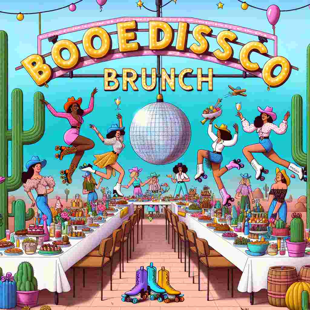 Create a lively animated scene that takes place under an overhead sign which says 'Boozie Disco Brunch.' Letters made from balloons happily float above the sign. Characters dressed as cowgirls on roller skates, of diverse descent and gender, zip between tables burdened with birthday goodies. A sparkling disco ball rotates in the upper space, coloring the eccentric feast with a medley of hues. Cactus plants, made humorous with party hats on their head, are scattered around. Tumbleweeds are ingeniously reused as additional disco lights, adding to the overall quirky charm.
Generated with these themes: Boozie disco brunch, and Cowgirls.
Made with ❤️ by AI.