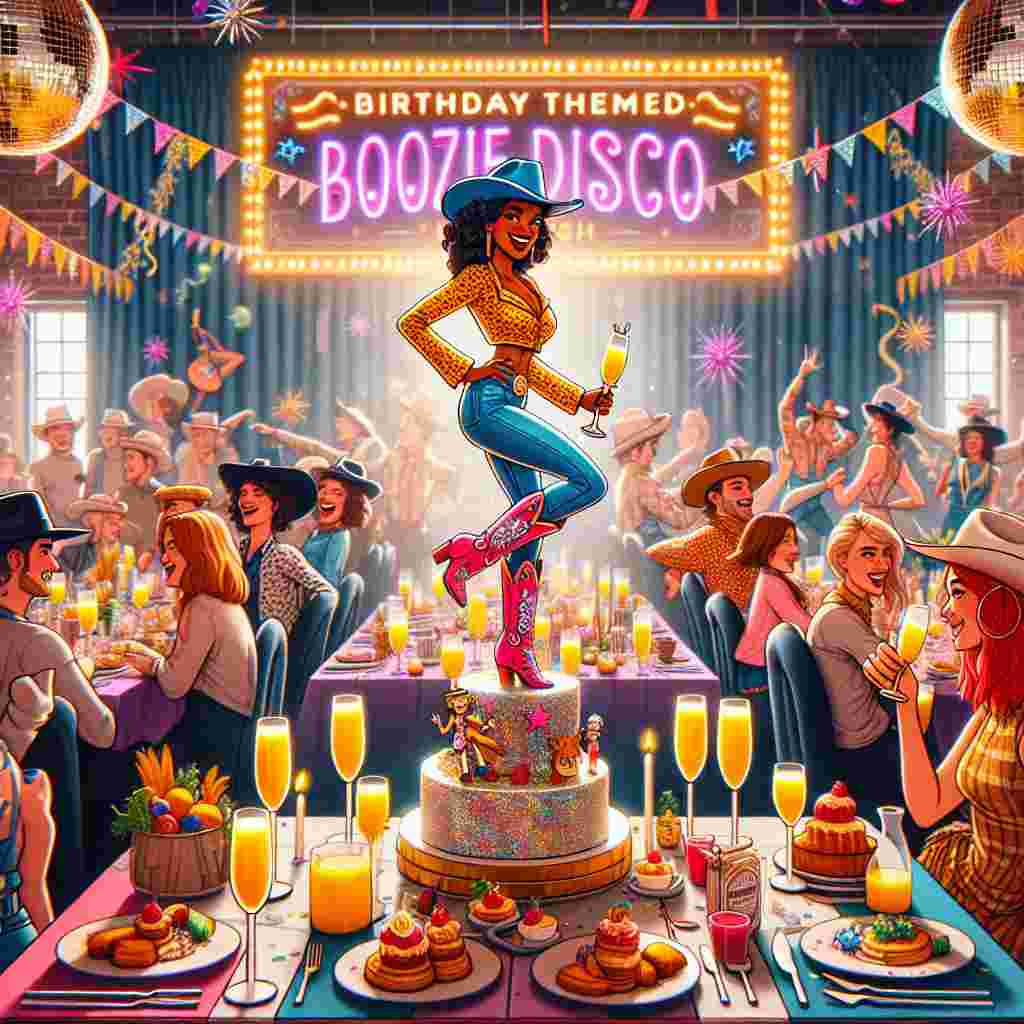 Imagine a vibrant scene set against a backdrop of a birthday themed 'Boozie Disco Brunch' sign. The atmosphere is buzzing with joy and laughter. Look at the cartoon cowgirls in festive attire, dancing merrily around brunch tables, their mimosa glasses clinking in celebration. The centerpiece is a delectable cake, adorned with a cartoon figure of a cowgirl deftly riding a glittering disco ball. Guests dressed in traditional cowboy boots and hats, are engrossed in two-step dance routines, creating a lively ambiance. The entire room is festooned with colorful streamers and confetti, adding to the festive spirit.
Generated with these themes: Boozie disco brunch, and Cowgirls.
Made with ❤️ by AI.