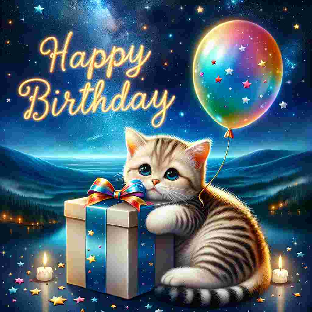 The birthday card presents a heartwarming illustration of an Ocicat cuddling a gift box, with a balloon tied to the box floating next to it. The backdrop is a starry night sky, and the text 'Happy Birthday' sparkles above the serene scene.
Generated with these themes: Ocicat Birthday Cards.
Made with ❤️ by AI.