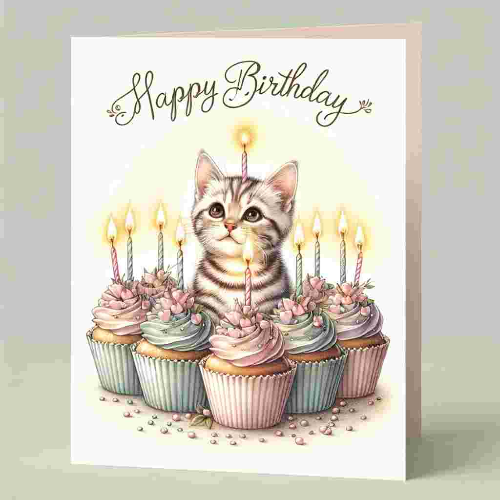 An adorable birthday card showcases an Ocicat kitten surrounded by cupcakes with a single candle lit on each. The card has soft pastel colors with 'Happy Birthday' elegantly scripted in the center of the illustration.
Generated with these themes: Ocicat Birthday Cards.
Made with ❤️ by AI.