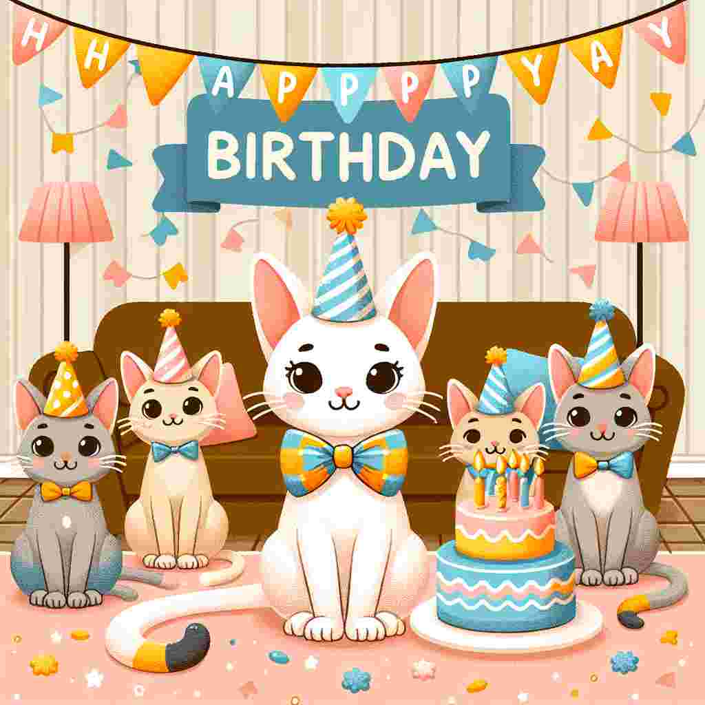 A bright and joyful birthday card design where a group of Ocicats are having a birthday party, one wearing a cute bow tie and others with tiny hats. They're sitting around a cake in a cozy room. The words 'Happy Birthday' are spelled out in the background with festive bunting.
Generated with these themes: Ocicat Birthday Cards.
Made with ❤️ by AI.