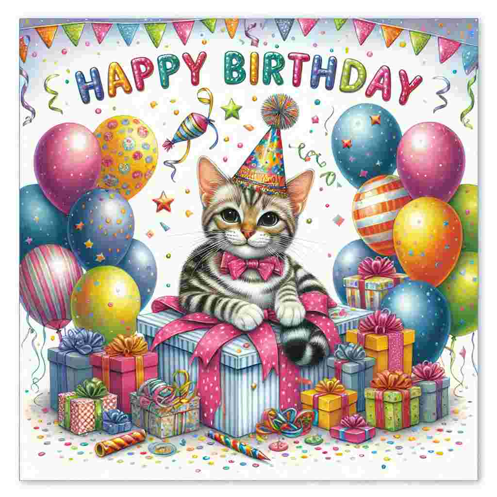 A whimsical birthday card featuring a playful Ocicat wearing a party hat and perched atop a pile of colorful presents. The scene is adorned with balloons and confetti, with 'Happy Birthday' written in cheerful, bold letters above.
Generated with these themes: Ocicat Birthday Cards.
Made with ❤️ by AI.