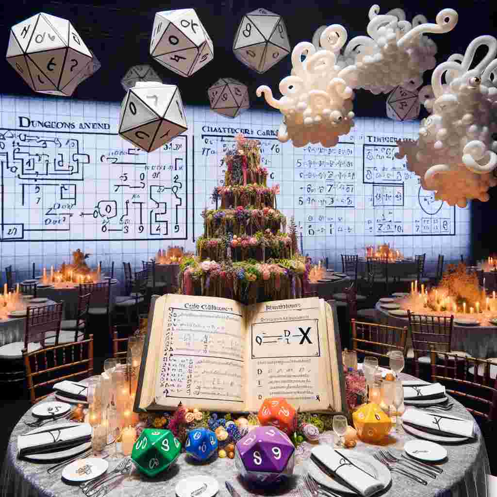 Envision a scene filled with both celebration and elements of fantasy. The atmosphere embodies the theme of Dungeons and Dragons. Dice and character sheets scattered around, adding a fun, game-like touch to the decorations. Tables are adorned with paradoxical centerpieces that function as amusing puzzles, comprising of mathematical riddles and intricate dungeon maps. Floating above are air-filled balloons, uniquely twisted into shapes of odd, capricious creatures engaged in physical humor. The centerpiece of the event is a tiered birthday cake, designed as an algebraic maze, challenging participants to find the solution to 'x' in order to gain a piece.
Generated with these themes: Dungeons and dragons, Comedy, and Maths.
Made with ❤️ by AI.