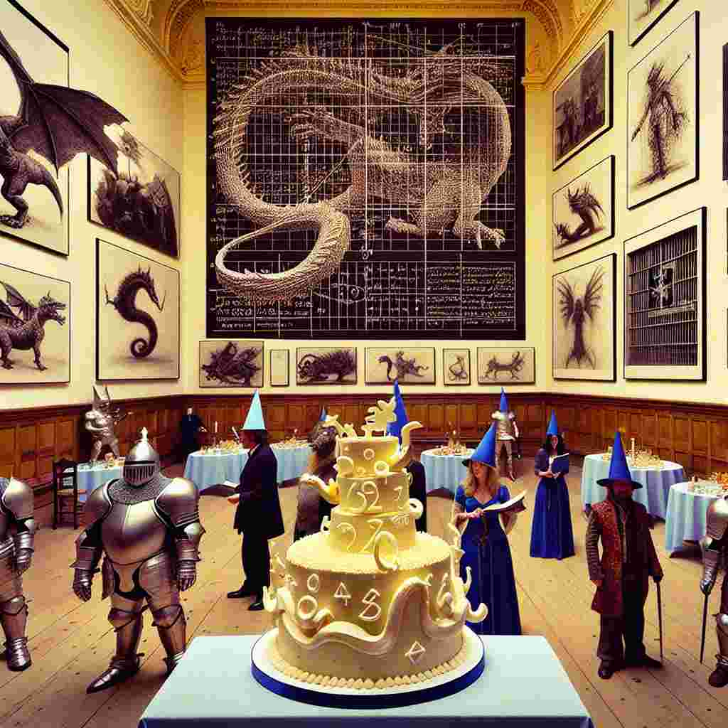 Imagine an unusual birthday party. The room's centerpiece is a gigantic cake moulded like a dragon, bearing intricate icing designs representing intricate mathematical formulae. The attendees are dressed in peculiar combinations of medieval fantasy and playful humour, donning exaggeratedly large-shouldered armour or wizard hats festooned with math symbols. Abstract artworks hung from the ceiling depict iconic prison blueprints and mythical beasts frozen in unusual, humorous positions, completed with a dramatic and fantastical color scheme that challenges the usual.
Generated with these themes: Dungeons and dragons, Comedy, and Maths.
Made with ❤️ by AI.