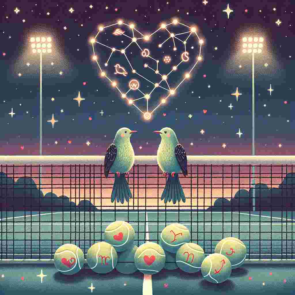 Create a delightful picture for Valentine's Day that includes two affectionate birds sitting on top of a tennis net and sharing loving looks filled with astronomical signs. Overhead, there is a constellation in the shape of a heart that lights up the evening atmosphere, bathing the tennis court beneath in a cosy radiance. The tennis balls on the court subtly adorned with zodiac symbols contribute an intricate touch to the love-filled setting.
Generated with these themes: Astrology birds tennis.
Made with ❤️ by AI.