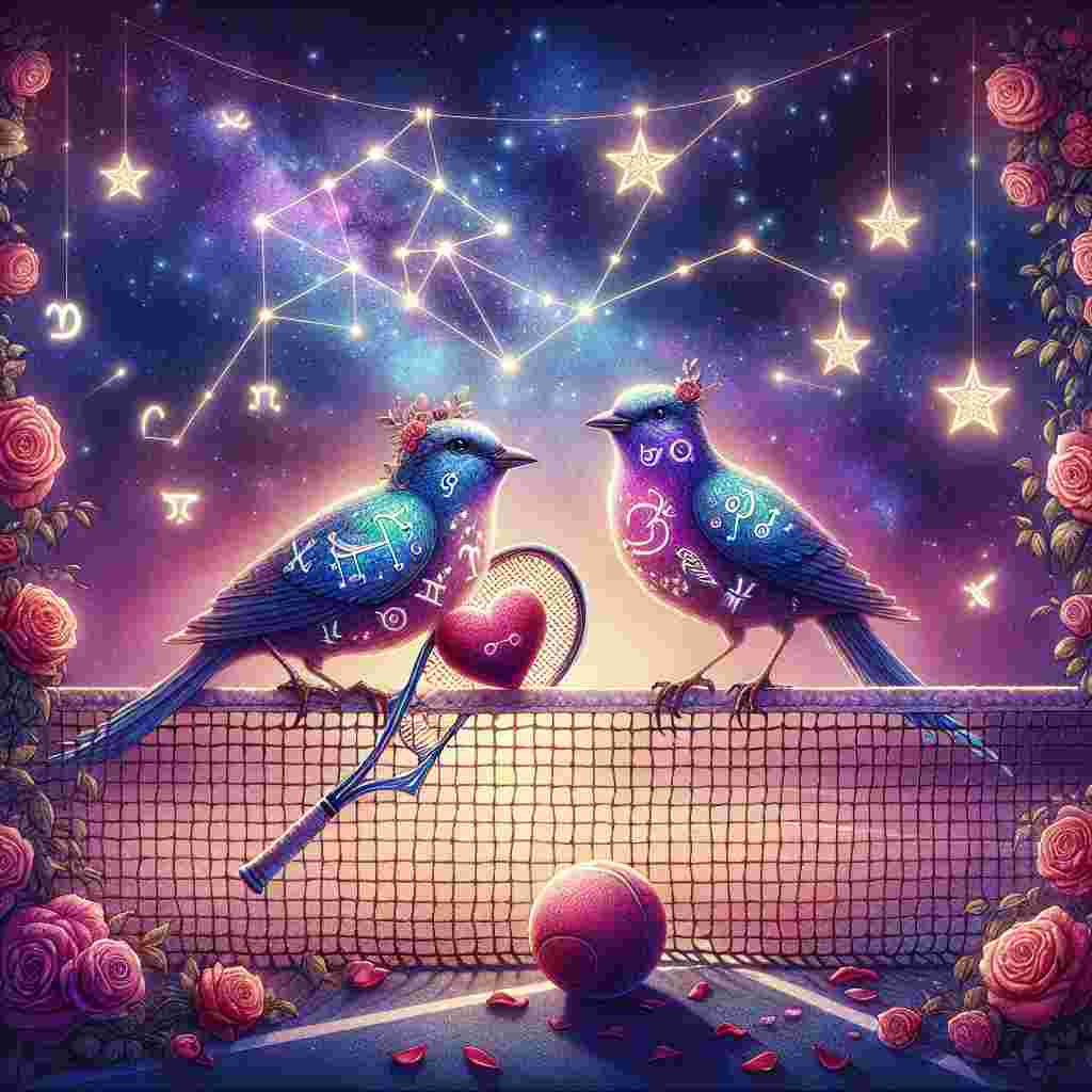 Visualize a picturesque tennis court under a starlit night sky. In this enchanting scene, a duo of imaginative birds with zodiac signs imprinted on their plumage are perched affectionately on a net festooned with roses. The aura is drenched in the tender colors associated with Valentine's Day. One bird is holding a tennis racket while the other bird grips a heart-shaped ball, a poetic depiction of their courtship under the cosmic backdrop of twinkling astrological constellations overhead.
Generated with these themes: Astrology birds tennis.
Made with ❤️ by AI.