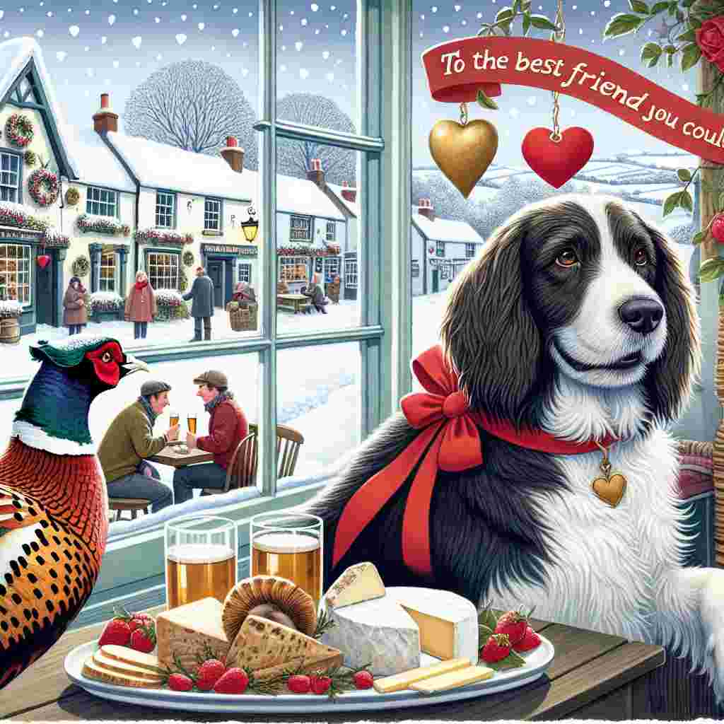 Create an illustrative depiction of a heartwarming scene of friendship on Valentine's Day. Feature a lovable spaniel with a bright red ribbon around its neck, sitting harmoniously on a charming pub porch. Beside the dog, position a pheasant; both animals should be gazing out over a picturesque, wintry village. Inside the pub, show patrons engaged in Valentine's Day celebrations, raising their frothy pints in a toast over lavish platters of gourmet cheese. Overlay the image with the phrase 'To the Best Friend You Could Wish For', seamlessly integrating the themes of love, friendship, animals, and delightful pub ambiance into a cohesive representation of Valentine's Day merriment.
Generated with these themes: Spaniel, Pub, Pheasant, Holiday, Cheese, and Best friend.
Made with ❤️ by AI.