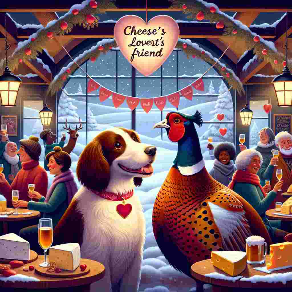Create a charming illustration for Valentine's Day. This scene is set in a cozy, warmly lit pub encased in a snow-laden environment. At the center of the picture, a heart-festooned spaniel with a bright and merry expression is sharing a gaze with a dignified pheasant. Inside the bustling pub, a diverse group of people, both men and women from different descents like Caucasian, Hispanic, Black, Middle-Eastern, and South Asian, are raising their glasses in celebration of the holiday spirit. Their tables are laden with an assortment of specialty cheeses. Suspended above is a banner that reads 'Cheese Lovers' Best Friend', subtly hinting at the special affinity between the spaniel and its pheasant friend.
Generated with these themes: Spaniel, Pub, Pheasant, Holiday, Cheese, and Best friend.
Made with ❤️ by AI.