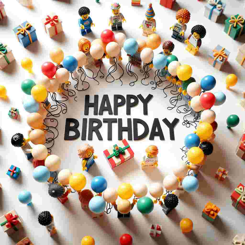A whimsical birthday scene illustration, with Lego minifigures holding balloons and gifts, all surrounding a large 'Happy Birthday' text at the center. The scene is dotted with Lego block decorations, giving a playful and cute vibe to the design.
Generated with these themes: lego  .
Made with ❤️ by AI.