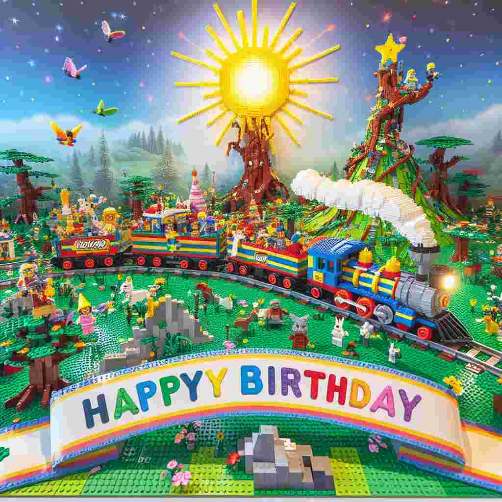 An adorable Lego wonderland depicted in this birthday illustration, featuring a Lego train carrying a 'Happy Birthday' banner weaving through a landscape of Lego trees, animals, and a bright sun, creating a magical birthday atmosphere.
Generated with these themes: lego  .
Made with ❤️ by AI.