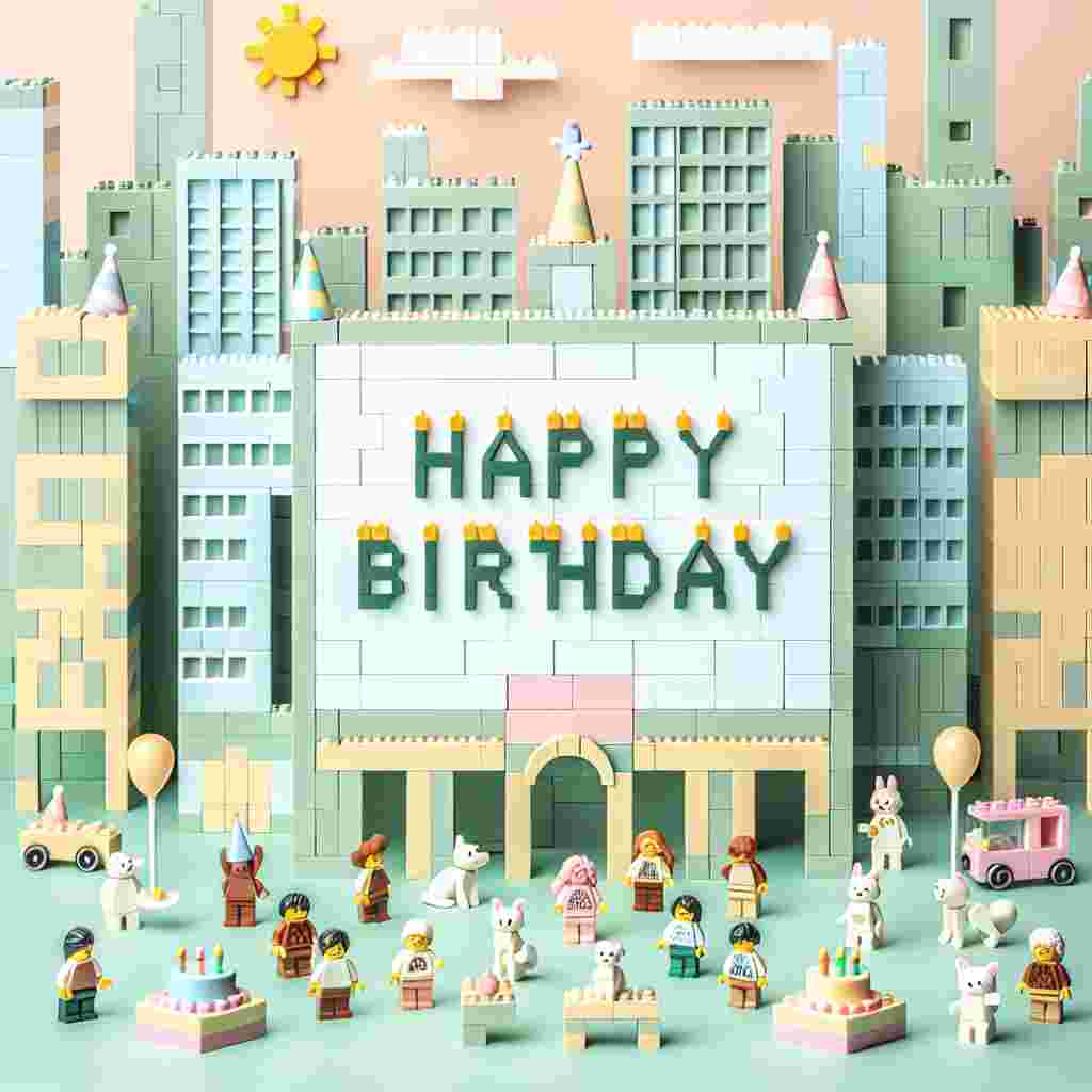 A minimalist yet cute birthday scene illustration, where simple shapes and pastel colors create a Lego city backdrop. Front and center, a 'Happy Birthday' sign is constructed of Lego bricks, flanked by miniature Lego people and pets.
Generated with these themes: lego  .
Made with ❤️ by AI.