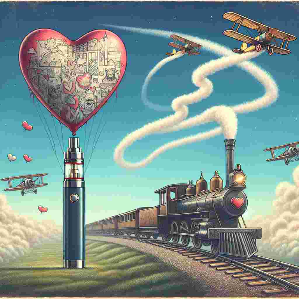 Create a whimsical Valentine's Day themed illustration. The main component should be a heart-shaped balloon with humorous, artwork-like features drawn on it. This balloon floats high up in the sky above an old-fashioned train journeying along a rail track that blends ingeniously with a trendy vape pen. Surrounding this peculiar pairing, vintage biplanes are adding to the romantic setting by sketching trails in the shape of hearts across the vast blue sky. The scene encapsulates a fun, unique interpretation of love.
Generated with these themes: Boobs, Vape, Planes, and Trains.
Made with ❤️ by AI.