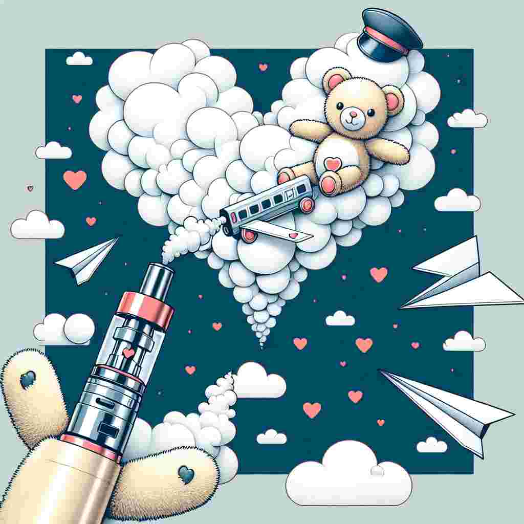 Create a whimsical Valentine's Day image showcasing a cartoon-style vape pen releasing a smoke plume that transforms into a heart shape. Include an inventive design of a fluffy teddy bear – who is also humorously featuring a conductor's hat as an homage to the train theme – that subtly suggests the shape of a woman's chest. Above the bear and pen, display a flurry of paper planes, each ingeniously crafted into a heart shape, blithely soaring amidst puffy clouds to infuse the scene with a light-hearted and romantic ambiance.
Generated with these themes: Boobs, Vape, Planes, and Trains.
Made with ❤️ by AI.