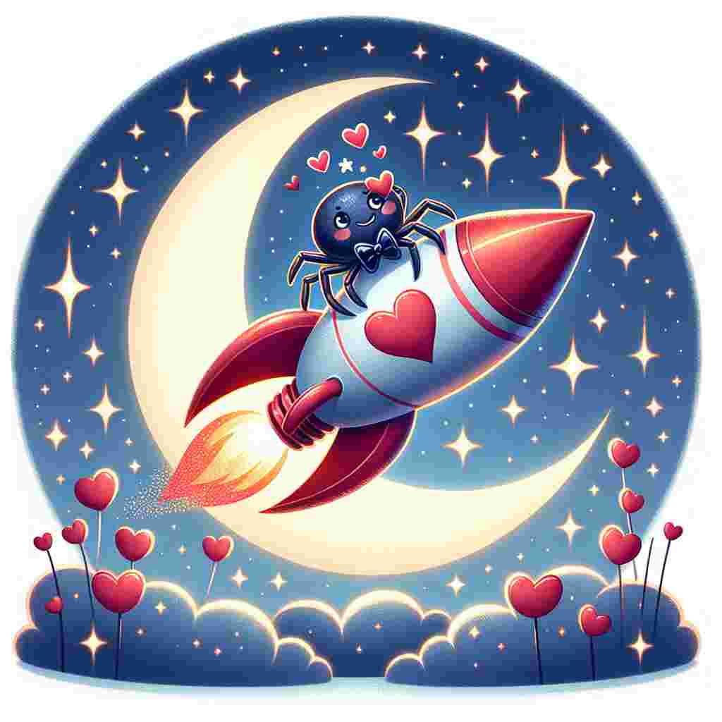 Create a charming Valentine's Day themed illustration with a whimsical touch. In the center, depict a spider with a miniature bow-tie sitting atop a rocket. The rocket is whimsically decorated with hearts and emits sparkles instead of flames. The backdrop should feature a serene night sky with twinkling stars around a crescent moon. This moonlight casts a soft, romantic glow over the scene, highlighting the daring character of the spider as it rockets towards the stars. This image is a symbol of a love that is out of this world.
Generated with these themes: Spider, Rocket, Stars, and Moon.
Made with ❤️ by AI.