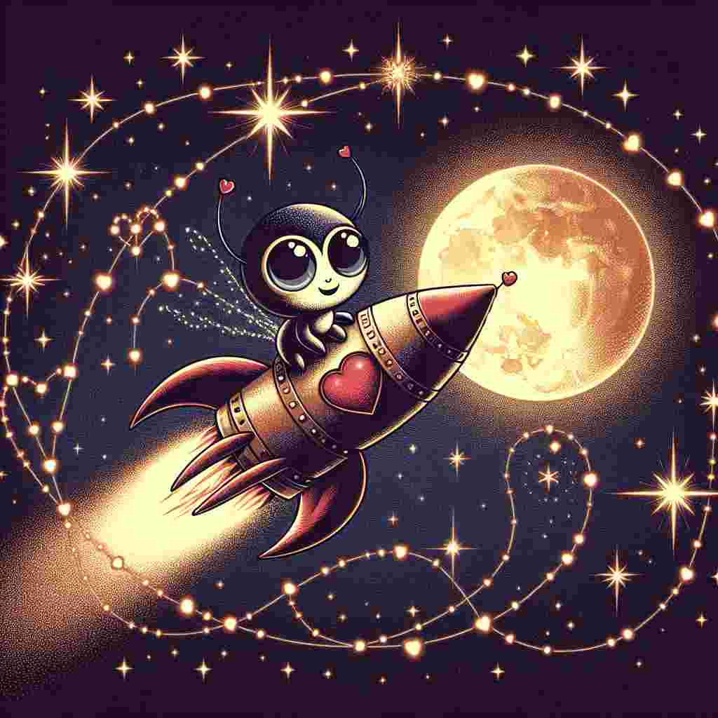 Create an enchanting image of a cute, cartoonish spider with large, attractive eyes, hitching a ride on a vintage, retro-style rocket. The rocket should have old-fashioned fins and a fuselage patterned with hearts. This scene takes place against a backdrop of a night sky fully lit with glistening stars and a full moon that is dipped in a golden hue. Each stellar body features subtle linkages derived from stardust lines signifying the connection of love. The trail left behind by the rocket composes a loop replicating the infinity emblem symbolizing everlasting love amidst this celestial charm.
Generated with these themes: Spider, Rocket, Stars, and Moon.
Made with ❤️ by AI.