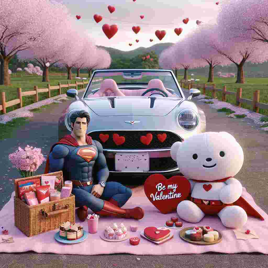 Visualize a heartwarming picture of a superhero and a plush convertible car celebrating Valentine's Day in the park. Done in an animated, enchanting style, the superhero, dressed in a casual, iconic suit, sits beside the top-down car revealing heart-patterned seats, set against the backdrop of sakura trees in full bloom. On the pink picnic blanket between them, there's an array of Valentine's treats and a symbol-shaped card reading 'Be My Valentine'. The background of the scene is animated with heart-shaped kites, adding a joyful and romantic aura to the arrangement.
Generated with these themes: Mx5, and Batman.
Made with ❤️ by AI.