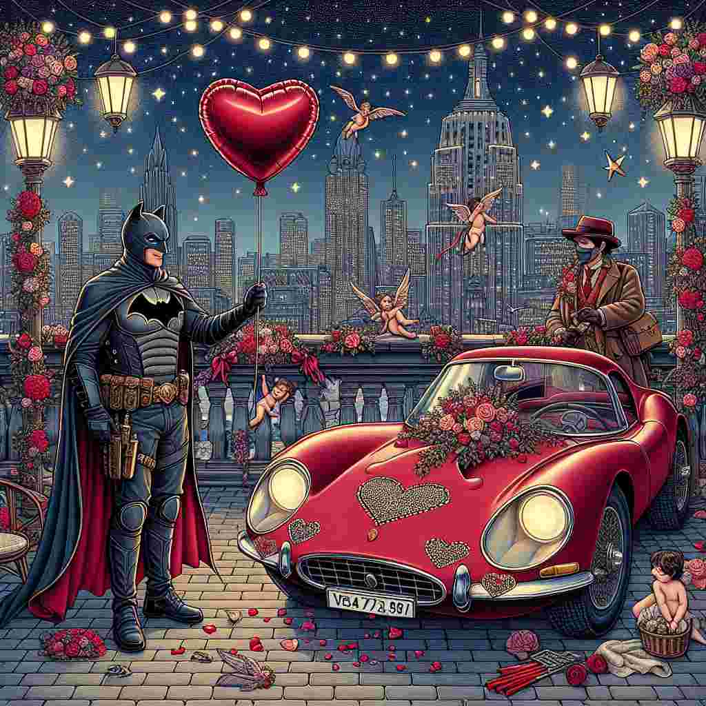 A quaint Valentine's Day illustration gives us a glimpse of a romantic rooftop setting under a star-studded sky, tenderly lit by the delicate glow of string lights. A masked vigilante, dressed in dark yet heroic attire, reminiscent of a bat, stands next to a vintage red sports car elaborately decorated with cherubs and floral garlands, holding a heart-shaped balloon. With a heartwarming smile, the mysterious figure is about to present the balloon to someone not visible in the scene. The intricately designed backdrop showcases an urban skyline, enriched with touches of festive elements, and heart motifs subtly woven into the infrastructure.
Generated with these themes: Mx5, and Batman.
Made with ❤️ by AI.