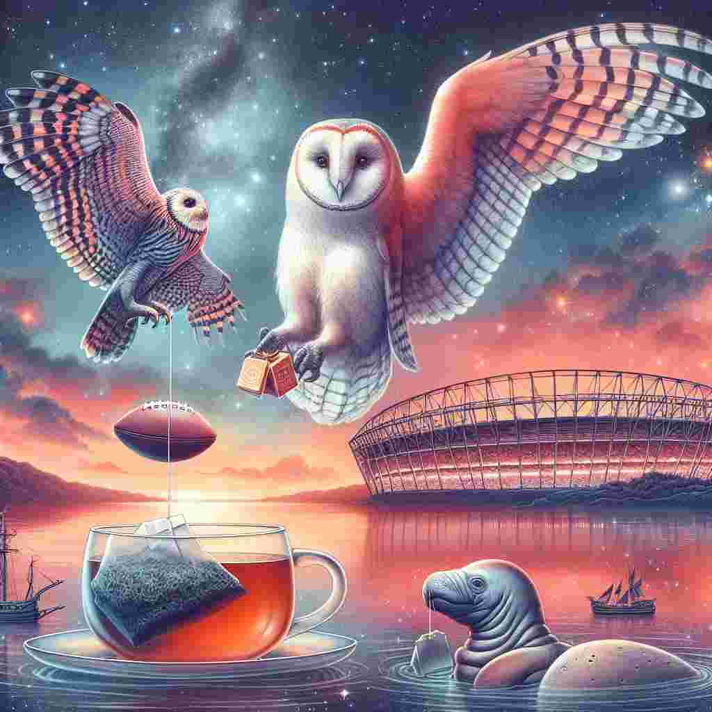 Depict a starlit sky, its expanse softly radiating hues of enchanting pink and red. An owl with majestic feathers, sits atop a tea bag that oddly resembles a football, suspended in the air. Below it, a manatee of indescribable grace clutches a delicate teacup. An intricately detailed stadium, inspired by traditional sports architecture, forms a heart-shape, framing the tranquil waters infused with tea. This surreal scene brings together love, life, and the unexpected in an intriguing fusion that leaves one in awe.
Generated with these themes: Manatee , Owl, Nfl, and Tea.
Made with ❤️ by AI.