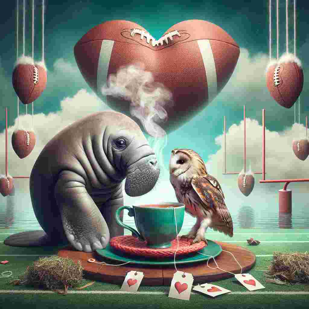 A whimsical Valentine's Day-themed scene features an affectionate manatee and owl sharing a quiet moment on a heart-shaped lily pad. The backdrop is a dreamlike display where football field goalposts warp into surreal formations amongst clouds of hot steam wafting from a colossal teacup. Sporadically scattered around, teabags designed to resemble footballs subtly mark the theme. Amidst the surreal surroundings, the two creatures are entirely engrossed in each other, oblivious to their bizarre environment.
Generated with these themes: Manatee , Owl, Nfl, and Tea.
Made with ❤️ by AI.