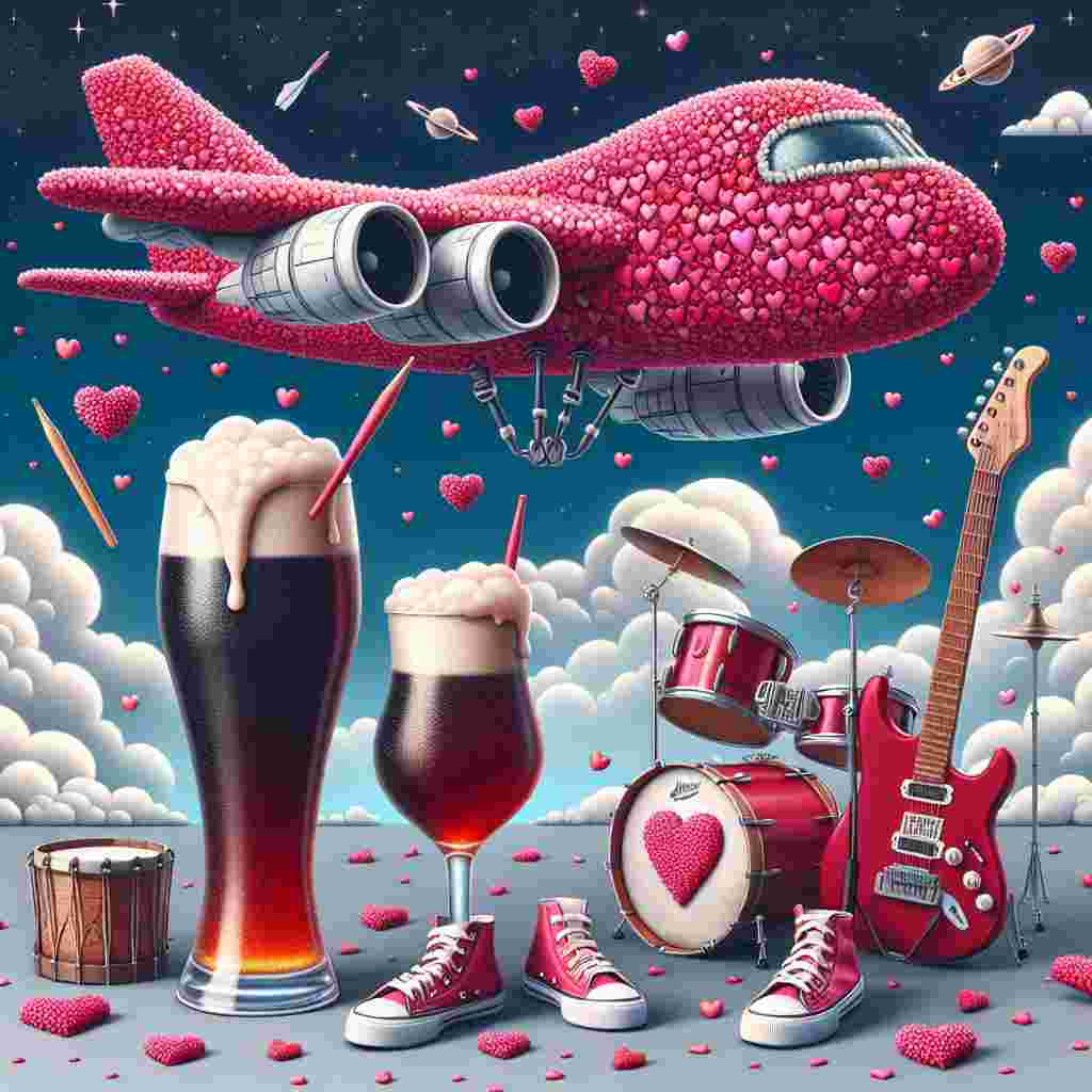 Imagine a charming and whimsical illustration showcasing a Valentine's Day scene with a twist. A fantasy aircraft made of bright red and pink hearts resembling the form of a spaceship found in a popular science fiction universe, glides across a sky dotted with fluffy clouds and twinkling stars. On the ground, an anthropomorphic representation of a frothy pint of dark beer and a shiny red generic hollow body guitar lean towards each other, suggesting a toast among a symphony of affection. Nearby, drums decorated with heart symbols are depicted with drumsticks in the middle of percussion, setting a rhythmic tone for the scene of romance. Each object in the scene is festively fitted with a pair of classic white canvas sneakers, adding a touch of uncharacteristic charm, signifying a mix of adventure, love, and creativity.
Generated with these themes: X wing , Guiness, Red Gibson hollow body guitar, Drumming, Star Wars, and White Converse.
Made with ❤️ by AI.