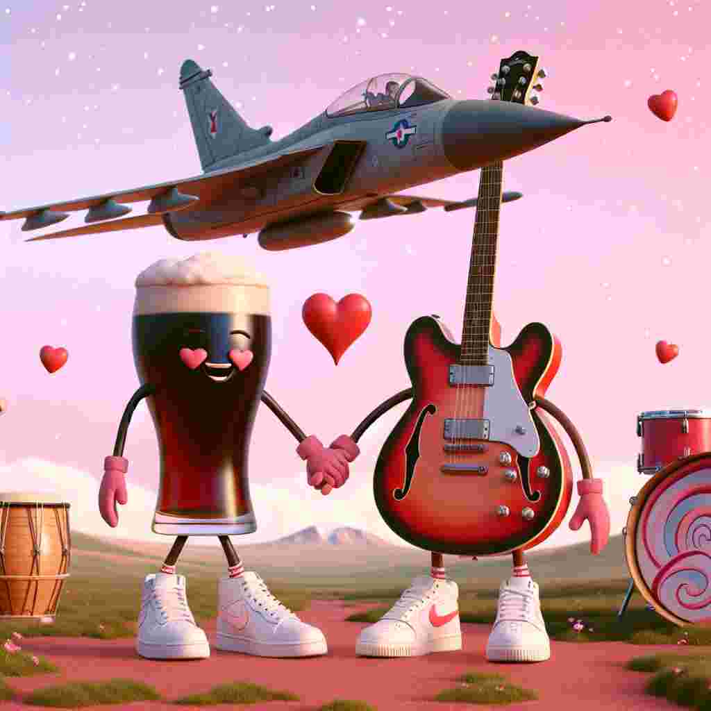 The blush-pink sky, speckled with cosmic glitter, sets the stage for a whimsical Valentine's day scene. An adorable fighter jet, designed with heart-shaped wings, gently soars above a tranquil terrainscape. Beneath it, an anthropomorphized pint of traditional dark beer and a hollow body guitar painted in vibrant red, both smiling joyously, portray a moment of intimacy. Their hands almost meet in a tender gesture. A neighbouring drum set reverberates the ambience of music, its surface decked with intricate swirls of romance. All the characters, in a quirky touch, wear clean white sport shoes, symbolizing unity and shared enthusiasm in this memorable tableau of love and passion.
Generated with these themes: X wing , Guiness, Red Gibson hollow body guitar, Drumming, Star Wars, and White Converse.
Made with ❤️ by AI.