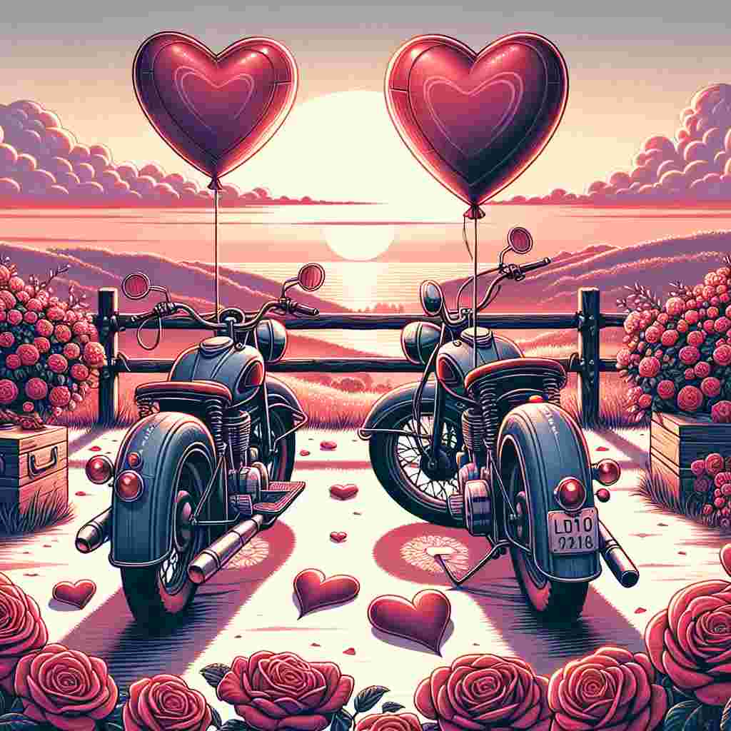 Create a heartwarming illustration themed around Valentine's Day featuring two vintage motorcycles parked at a picturesque overlook. Each handlebar of the motorcycles should be adorned with a heart-shaped balloon. The surrounding area is ornamented with clusters of crimson roses and the scene is bathed in the warm, romantic glow of a setting sun. In the far-off distance, the horizon is decorated with heart-shaped clouds, amplifying the ambience of love.
Generated with these themes: Motorcycles , Roses, and Hearts.
Made with ❤️ by AI.
