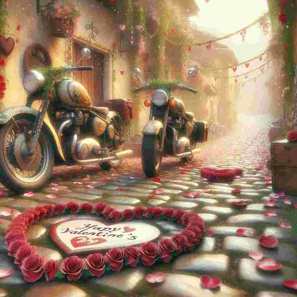 The enchanting vista unfolds on a rustic cobbled lane, where two motorcycles, garlanded with chains of roses, lean intimately together, their front wheels shaping a heart. The pavement is specked with petals carved into heart shapes, and in the forefront, a trail of roses paves the way to a charming sign in the form of a heart, bearing the message 'Happy Valentine's Day'. Surrounding this, smaller hearts seem to flutter in the soft wind as if they were butterflies.
Generated with these themes: Motorcycles , Roses, and Hearts.
Made with ❤️ by AI.