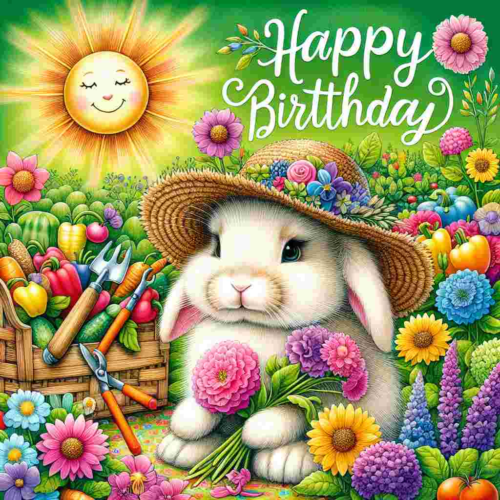 A cheerful birthday card featuring a fluffy bunny wearing a straw hat, surrounded by colorful flowers and garden tools, with a bright sun smiling down. In the background, a vegetable patch with ripe vegetables, and the text 'Happy Birthday' written above in playful, green script.
Generated with these themes: gardening  .
Made with ❤️ by AI.