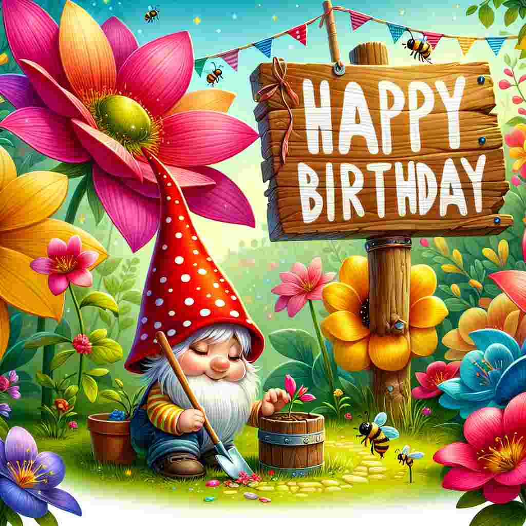 A whimsical birthday illustration showcasing a little gnome tenderly caring for his garden, with a background of oversized, vibrant flowers. Bees buzz serenely around the scene. Floating above his red pointy hat, the 'Happy Birthday' message is scrawled on a wooden signpost, tied with ribbons.
Generated with these themes: gardening  .
Made with ❤️ by AI.