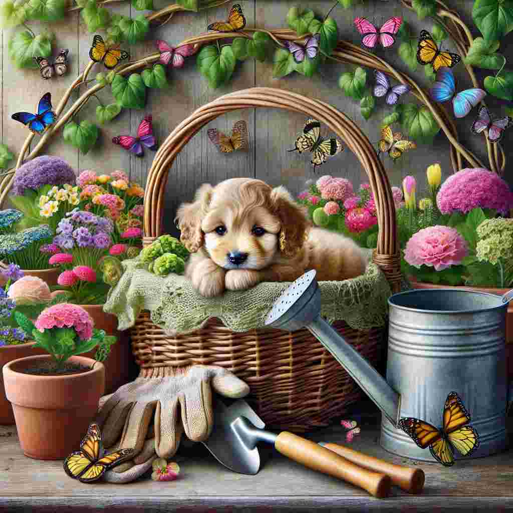 The scene depicts a small, adorable puppy sitting in a wicker basket amidst a variety of potted plants and blooming flowers, with butterflies fluttering around. Garden gloves and a watering can rest nearby. Above, the text 'Happy Birthday' is woven into a vine arching over the charming tableau.
Generated with these themes: gardening  .
Made with ❤️ by AI.
