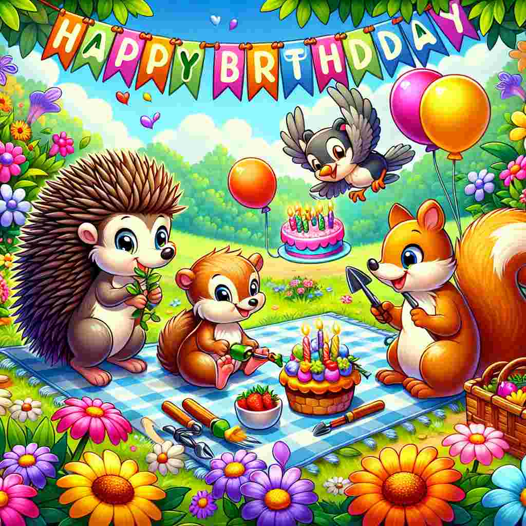 A charming scene with a group of cartoon animals having a festive birthday picnic in a flower-filled garden. A hedgehog, a squirrel, and a bird each hold tiny gardening tools, tending to the party decorations. Colorful balloons and a banner with the text 'Happy Birthday' complete the joyful celebration.
Generated with these themes: gardening  .
Made with ❤️ by AI.