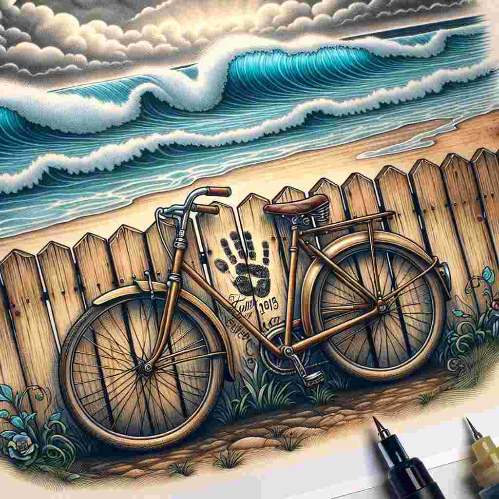 Create a detailed tattoo image showcasing a picturesque seaside setting. The focal point is a vintage bicycle elegantly leaning against a substantial wooden fence. In the background, the majestic ocean waves crash gently, providing a soothing palette of blues. A unique detail is the inclusion of a child's small handprint on the bicycle frame, serving as a poignant symbol of paternal guidance. To commemorate a significant moment in time, a date marking Father's Day is etched intricately into the wooden texture of the fence.
Generated with these themes: Bicycle seaside tAttoo.
Made with ❤️ by AI.