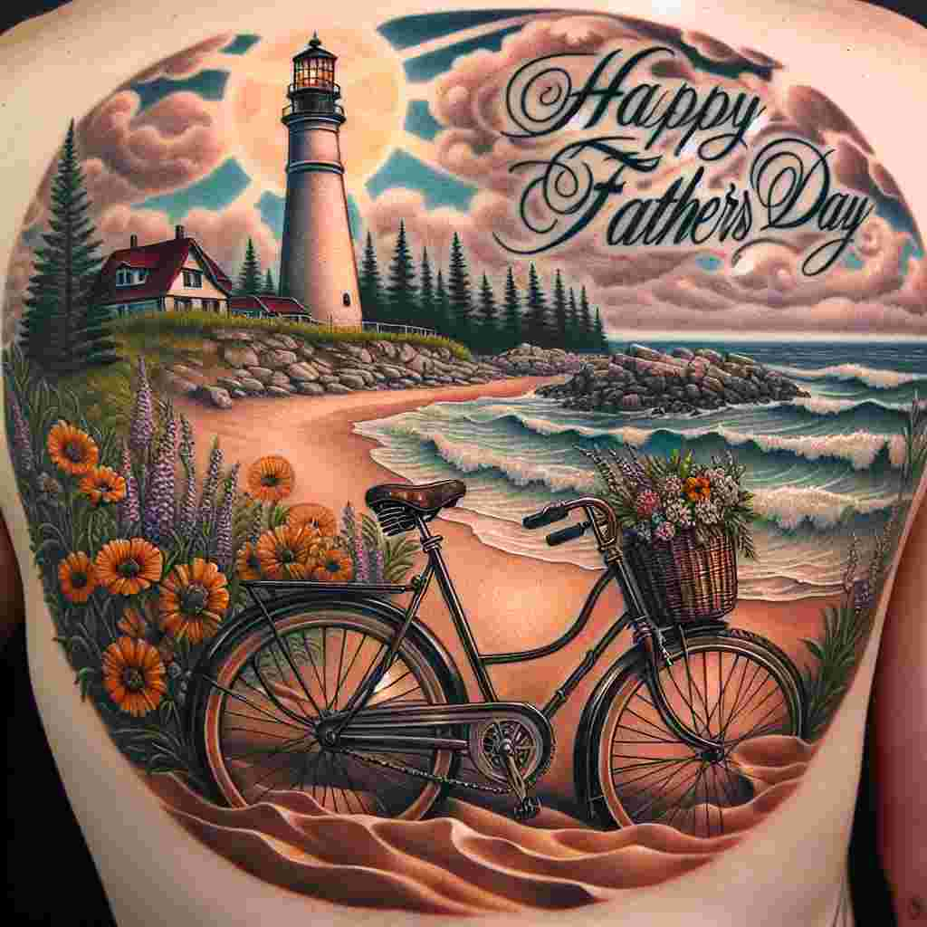 An intricately designed tattoo depicts a tranquil scene near the ocean shore. In the foreground, a vintage-style bicycle resplendent in detail stands unattended, its basket brimming with wildflowers, adding a burst of color. The backdrop presents a regal lighthouse standing vigil beside the relentless sea, its light embodying guidance similar to paternal wisdom. Froze in sand with excellent craftsmanship, a timeless heartfelt message, 'Happy Father's Day,' graces the landscape, encapsulating the sentiment behind the tattoo's design.
Generated with these themes: Bicycle seaside tAttoo.
Made with ❤️ by AI.