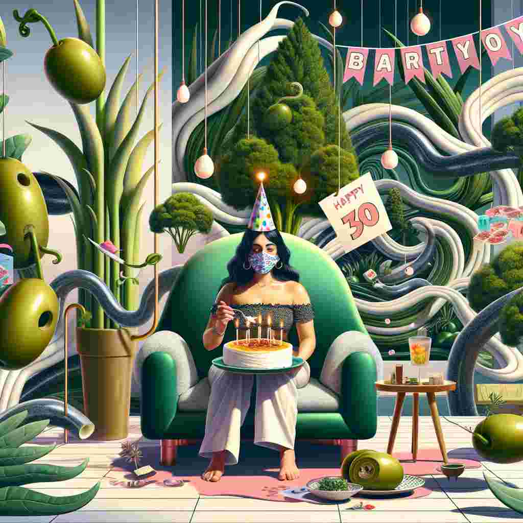 A surreal illustration of a Hispanic woman named Anita showcased in a whimsical, oversized living room. The room is teeming with plant life, featuring giant verdant plants that stretch beyond the boundaries of the room. Elements of Greek cuisine float in the atmosphere, such as oversized olives, large chunks of feta cheese, and rivers of tzatziki dancing through the air. Anita sits at the center of this surreal setting, wearing a stylish face mask decorated with birthday party motifs and holding a plate of fresh spanakopita. The scene has a futuristic atmosphere, emphasized by the modern, chic chair Anita sits on, its abstract patterns suggesting a world far beyond our own time
Generated with these themes: Anita loves eating Greek food, interior design, houseplants, keeping safe and wearing a cool face mask, she is 10 steps ahead of everyone else .
Made with ❤️ by AI.