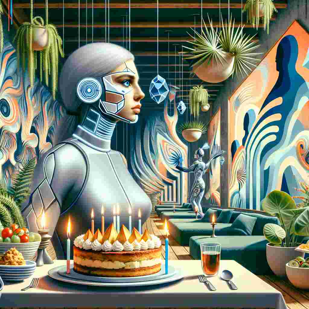 Create a surrealist painting showcasing a futuristic woman at her birthday celebration. She has a distinctly avant-garde style and is surrounded by an otherworldly interior design. The scene is filled with hovering Greek delicacies like moussaka and dolmades, exemplifying a dreamlike feast. This woman, epitome of confidence and safety consciousness, stands with a futuristic face mask. She stands ahead of an array of abstract silhouettes, denoting her foresight and readiness. Cascades of houseplants with flamboyant and oversized leaves form a thriving backdrop, completing this surreal birthday scene.
Generated with these themes: Anita loves eating Greek food, interior design, houseplants, keeping safe and wearing a cool face mask, she is 10 steps ahead of everyone else .
Made with ❤️ by AI.