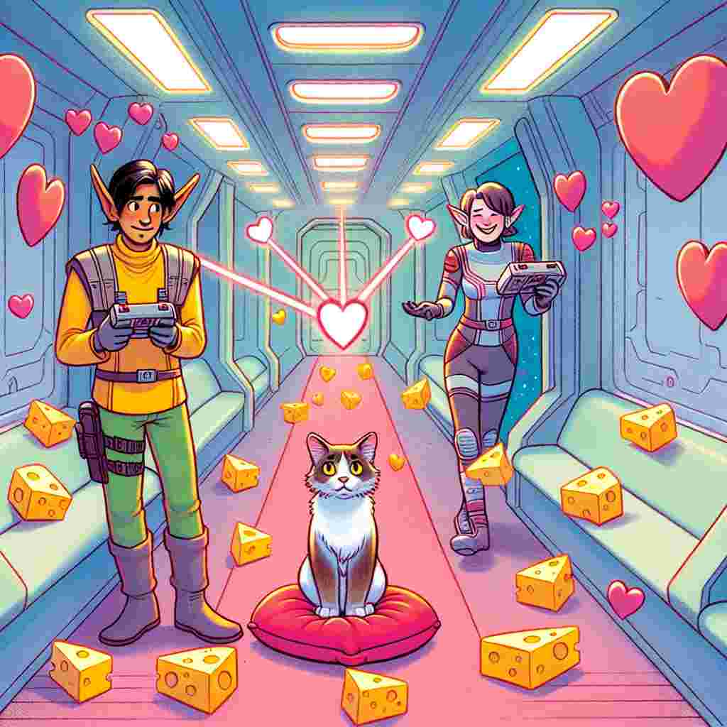In a colorful Valentine-themed illustration, a mixed breed cat with pointy, elf-like ears appears confused, sitting on a heart-shaped pillow inside the corridor of a spaceship. The corridor is scattered with squares of cheese, forming a trail that leads to a cheerful pair, one South Asian male and one Caucasian female, both dressed in futuristic uniforms and casual footwear. They carry devices set to 'charm', casting playful light beams at heart-shaped ornaments floating weightlessly.
Generated with these themes: Star Trek, running, cheese, tabby cat.
Made with ❤️ by AI.