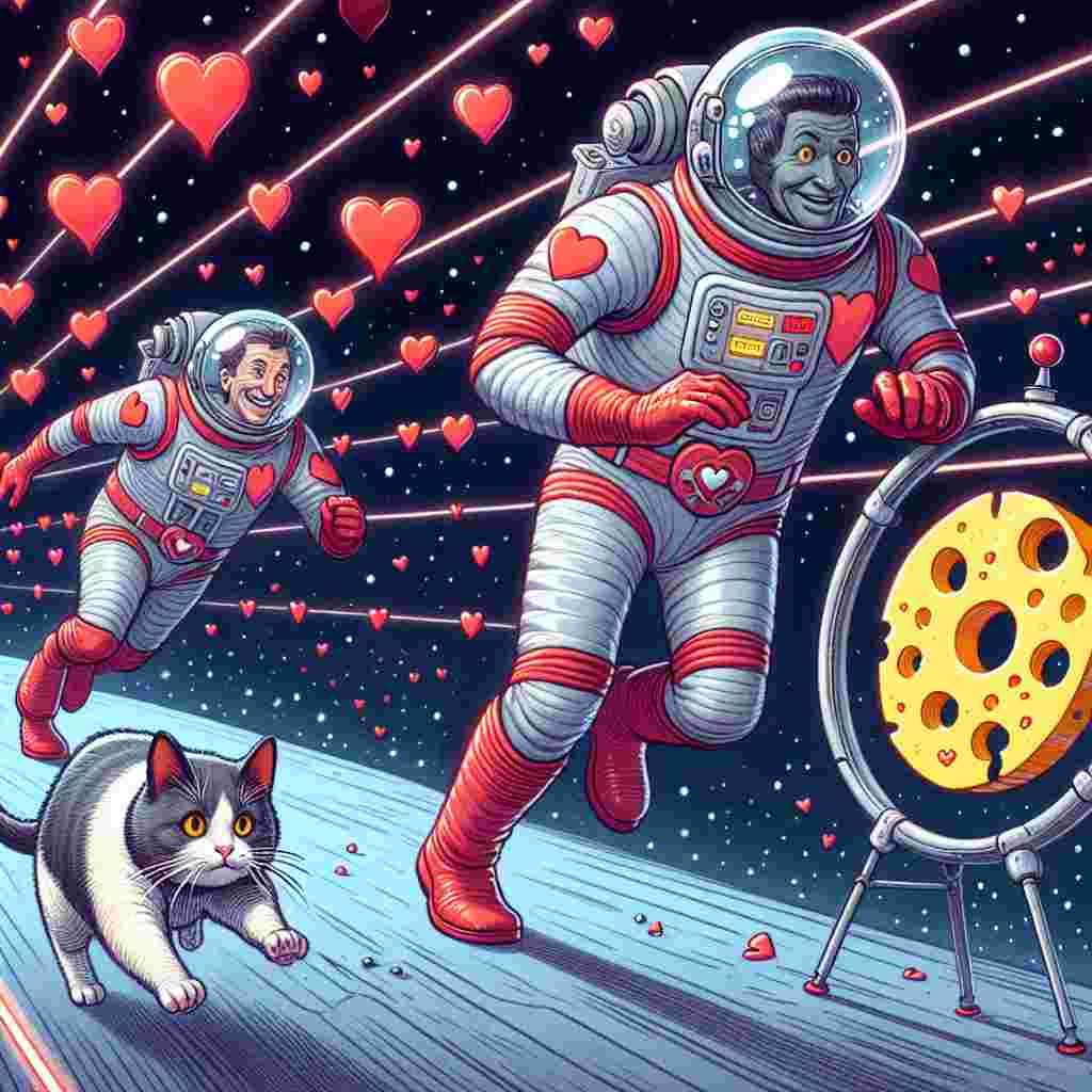 In a playful sci-fi drawing, two space explorers dressed in heart-decorated uniforms humorously run across an imagined Valentine's Day race set in a futuristic environment. They're seen carefully avoiding an annoyed domestic cat, who, for comic relief, wears a small emblem indicating leadership, and is in hot pursuit of a runaway wheel of cheese. This whimsical chase scene leaves behind a dazzling trail of hearts suspended in the cosmic abyss, adding to the overall charm and hilarity of the Valentine’s Day space race.
Generated with these themes: Star Trek, running, cheese, tabby cat.
Made with ❤️ by AI.