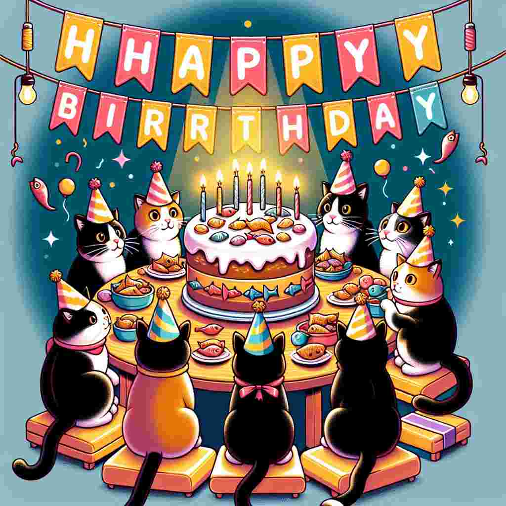 A group of tuxedo cats are having a birthday party, complete with miniature party hats and a feast of fish-shaped treats. They are gathered around a small table with a candle-lit birthday cake at the center. Above them, 'Happy Birthday' is written in playful, cartoonish font, hanging from a string of flags that crisscross above the joyous feline gathering.
Generated with these themes: Tuxedo Cat Birthday Cards.
Made with ❤️ by AI.