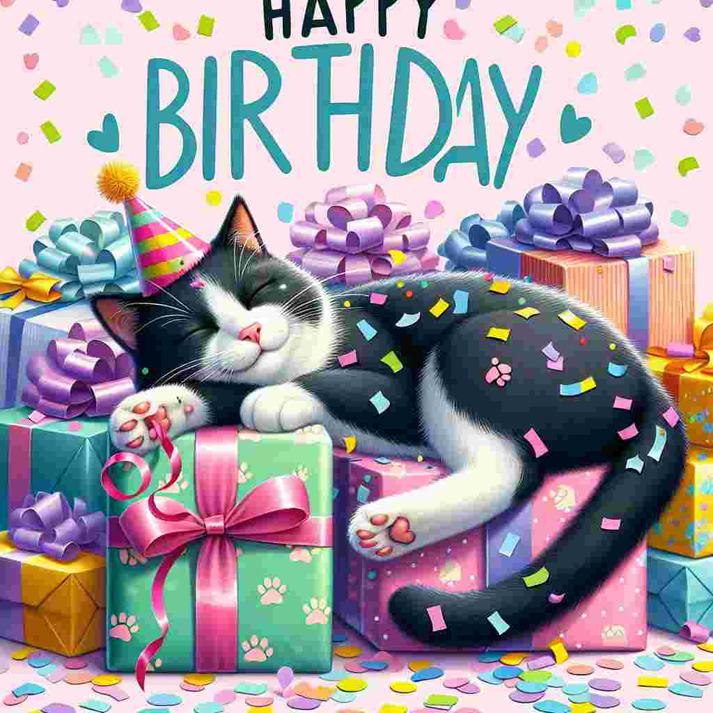An adorable tuxedo cat lies atop a pile of vibrantly wrapped birthday presents, one paw playfully swatting at a hanging ribbon. Around the cat, pastel confetti dots the air, creating a feeling of celebration. The 'Happy Birthday' greeting is prominently displayed in block letters to the side, surrounded by tiny paw prints and hearts.
Generated with these themes: Tuxedo Cat Birthday Cards.
Made with ❤️ by AI.
