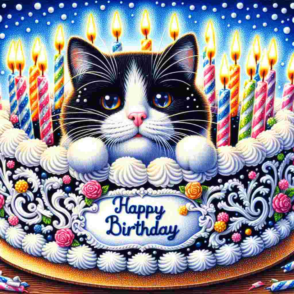 A mischievous tuxedo cat pops out of a giant birthday cake, with frosting on its whiskers, looking particularly pleased. The cake is decorated with colorful candles, and the scene has a background of blue and white polka dots. The phrase 'Happy Birthday' is intertwined with the cake's icing decorations, adding a sweet touch to the card.
Generated with these themes: Tuxedo Cat Birthday Cards.
Made with ❤️ by AI.
