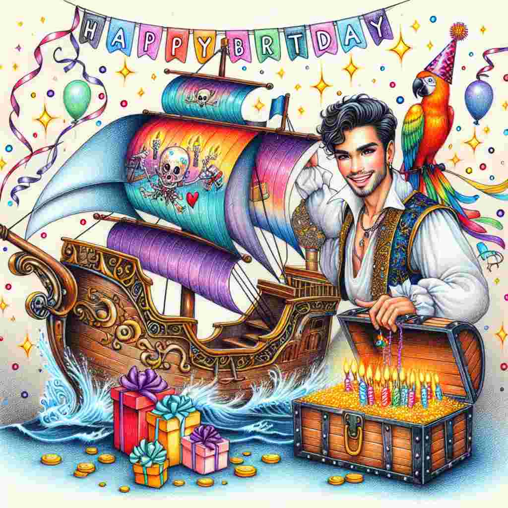 A whimsical drawing portrays a male figure at the helm of a cartoonish pirate ship, with 'Happy Birthday' on the sail. A treasure chest overflowing with presents and gold sits beside him, and a parrot wearing a party hat perches on his shoulder, adding to the birthday adventure theme.
Generated with these themes:   for a male friend.
Made with ❤️ by AI.