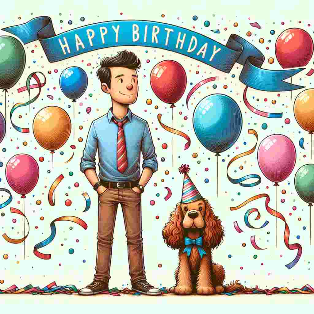 An endearing illustration showcasing a stylized male figure at the center, dressed casually and surrounded by balloons and confetti. A banner drapes across the top corner with 'Happy Birthday' written in a fun, handwritten font, while a small, cute dog with a party hat sits at his feet.
Generated with these themes:   for a male friend.
Made with ❤️ by AI.