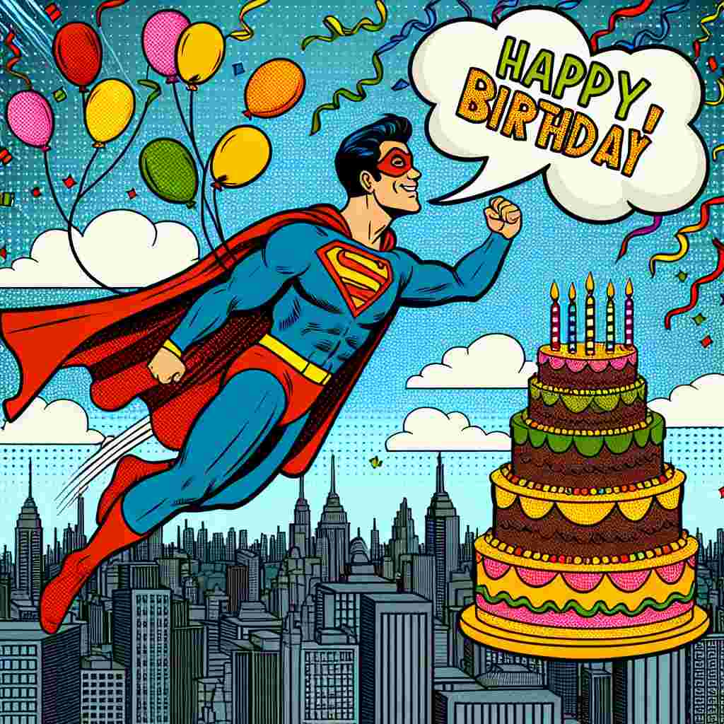 A playful comic illustration features a male character depicted as a superhero in a cape, soaring above a cityscape with 'Happy Birthday' emblazoned in a speech bubble. The background is dotted with balloons, streamers, and a festive birthday cake perched atop a building.
Generated with these themes:   for a male friend.
Made with ❤️ by AI.