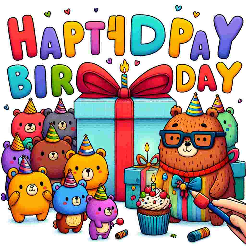 A charming cartoon-style drawing with a group of friendly animals wearing party hats gathered around a large, wrapped gift. The male friend is depicted as a bear wearing glasses, holding a cupcake with a single candle. Bold, colorful letters spell out 'Happy Birthday' above the scene.
Generated with these themes:   for a male friend.
Made with ❤️ by AI.