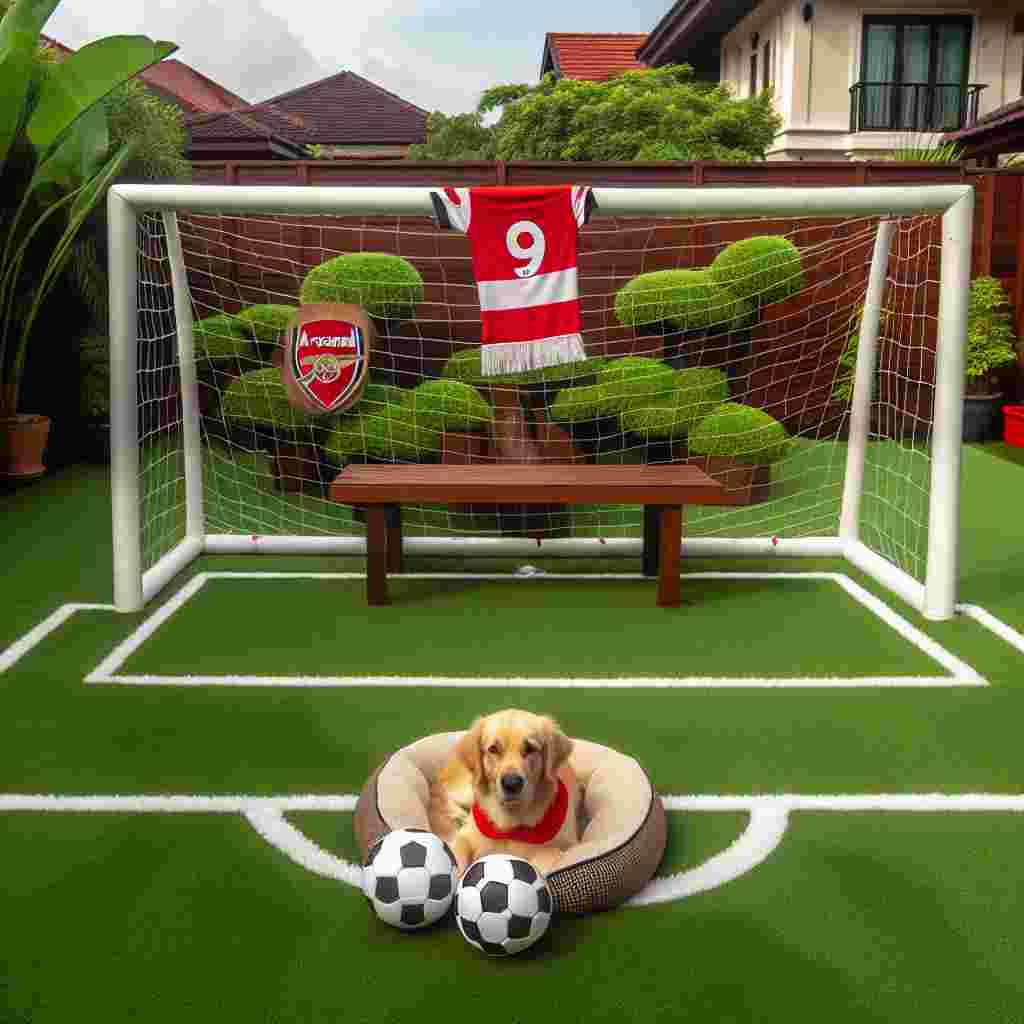 A domestic backyard is beautifully prepared for a Father's Day celebration, featuring a soccer goalpost sporting red and white colors, hinting at the Arsenal theme for the day. The net attached to the goalpost gently sways in the breeze. A couple of puppies are enjoying a peaceful nap on a dog bed situated close by, their necks adorned with adorable red and white scarves. The fresh, green, immaculate grass mimics the perfectly maintained soccer fields seen at stadiums. A soccer ball is positioned right at the centre, awaiting the commencement of a friendly family match. The lively sounds of dogs barking resonates in the atmosphere, adding to the jovial mood of the day.
Generated with these themes: Arsenal, Soccer , and Dogs.
Made with ❤️ by AI.