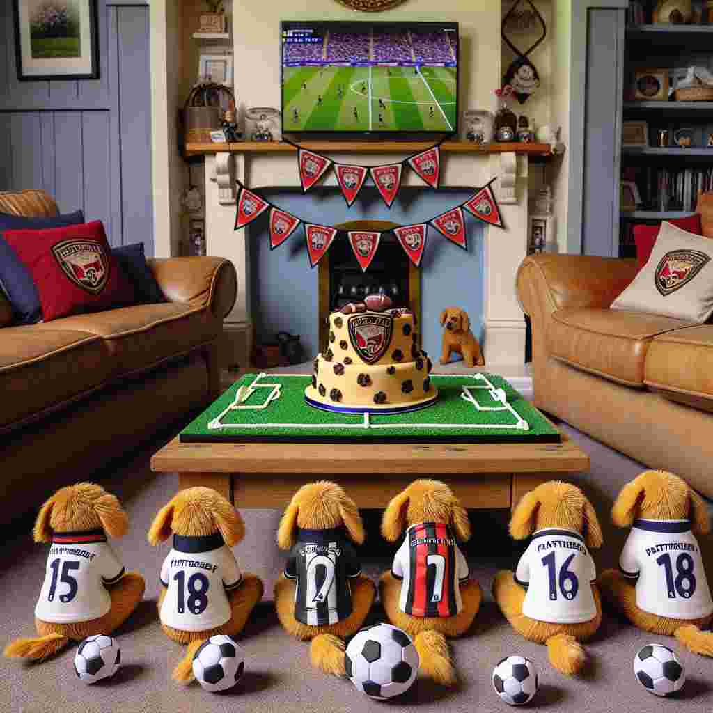 A warm and inviting living room is decked out with football-themed decorations honoring Father's Day. Miniature jerseys of an unspecific football club blanket the sofa, accompanied by a line-up of footballs neatly arranged on a shelf. The focal point of the room is an artfully made cake, shaped like a football field with the emblem of an unnamed team prominently displayed in the center. On the carpet, three plush toy dogs wearing tiny bandanas related to a football club, appear to be 'watching' a football game on the television, alluding to the cheerful spirit of the occasion.
Generated with these themes: Arsenal, Soccer , and Dogs.
Made with ❤️ by AI.