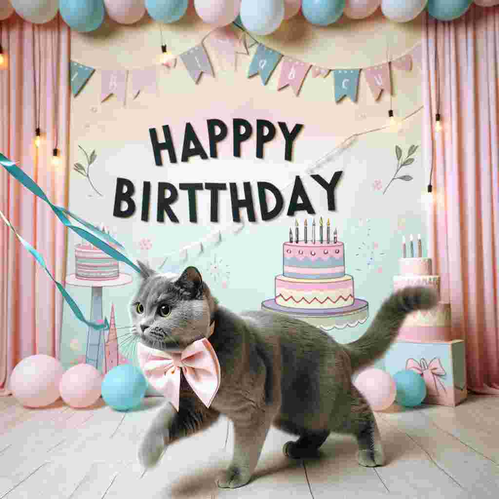 A playful birthday scene featuring a mischievous grey cat with a ribbon around its neck, pawing at a dangling 'Happy Birthday' banner. The background is a soft pastel with subtle birthday cake and candle motifs, creating a festive atmosphere.
Generated with these themes: cat  .
Made with ❤️ by AI.