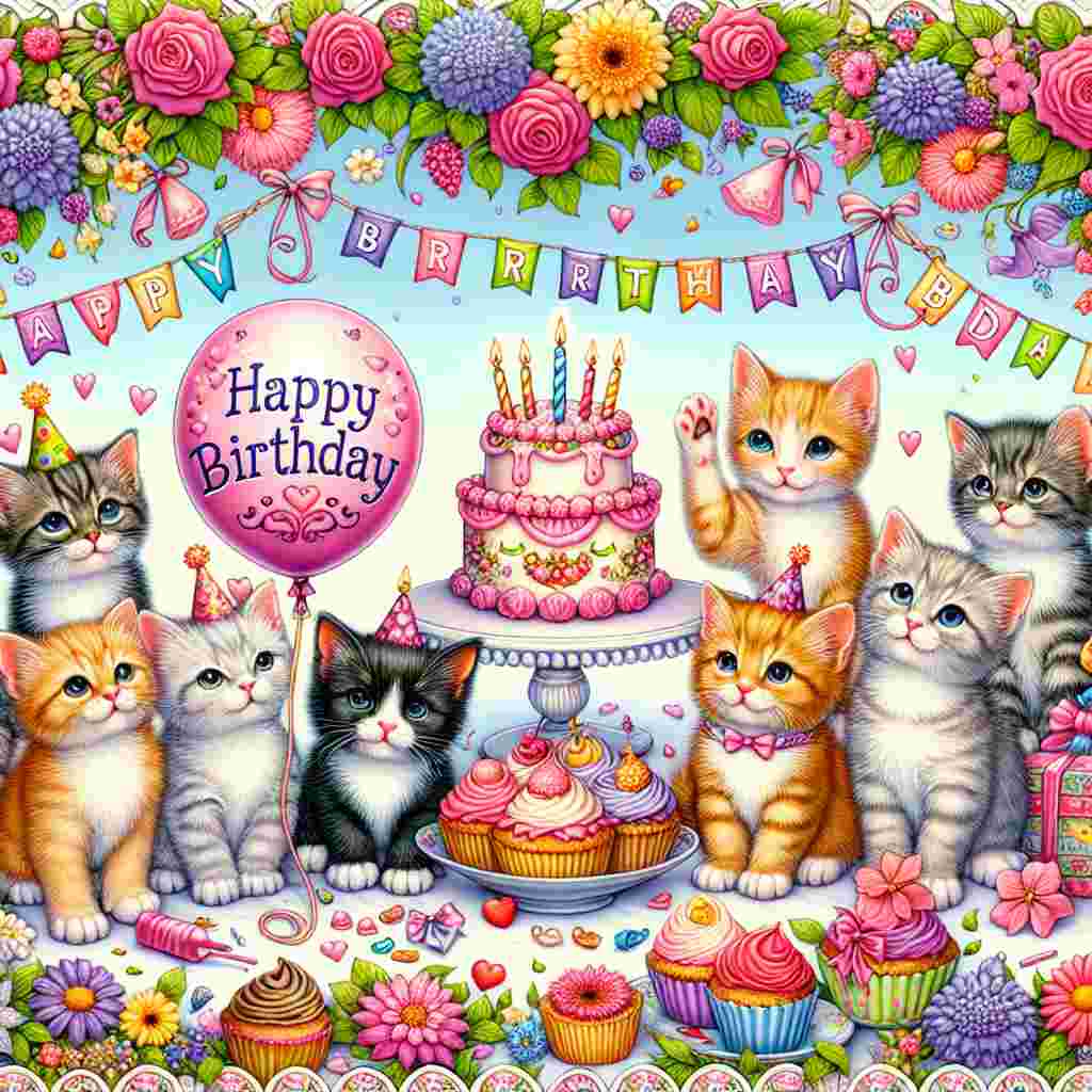 A charming birthday illustration depicting a cluster of kittens in a garden, with the smallest one holding a balloon with 'Happy Birthday' written on it. The scene is bordered with flowers and cupcakes, creating a delightful and whimsical birthday greeting.
Generated with these themes: cat  .
Made with ❤️ by AI.