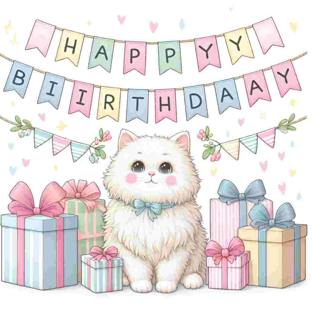 An adorable illustration for a birthday setting, where a fluffy white cat with curious eyes sits in the middle of a circle of presents. Above the cat, the 'Happy Birthday' text is written within a string of bunting flags, each flag a different pastel color, adding to the celebratory vibe.
Generated with these themes: cat  .
Made with ❤️ by AI.